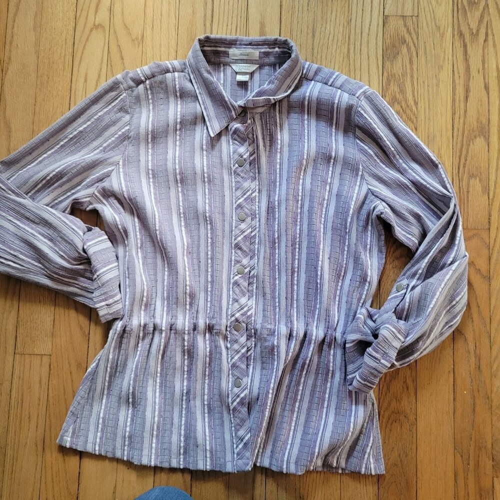 Christopher & Banks Womens Striped Button-Up Shirt L Purple Drawstring Waist - Picture 2 of 8